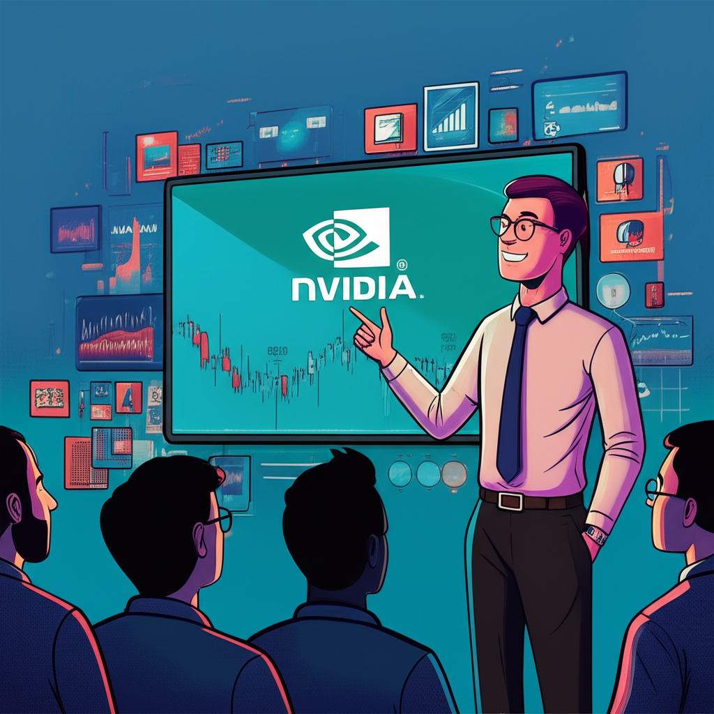 金融分析師指向顯示股票圖表和Nvidia標誌的螢幕，周圍環繞多樣科技公司圖標，展現市場趨勢與投資者關注的生動場景