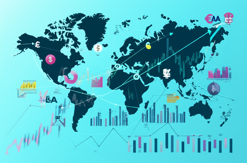 動態全球金融市場插圖,展示併購活動、投資策略與市場趨勢的圖表和符號