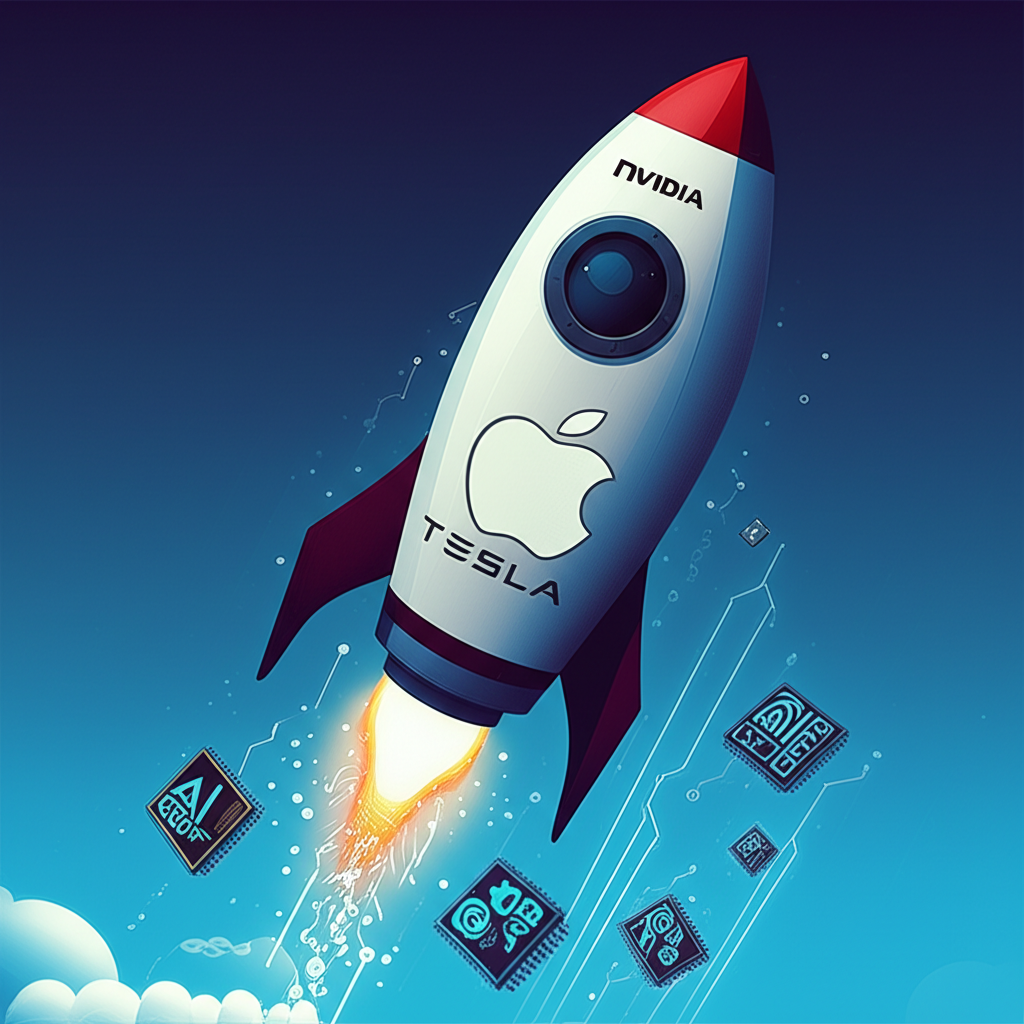 科技巨頭驅動股市的火箭圖示,蘋果、輝達與特斯拉標誌伴隨AI晶片與數據元素