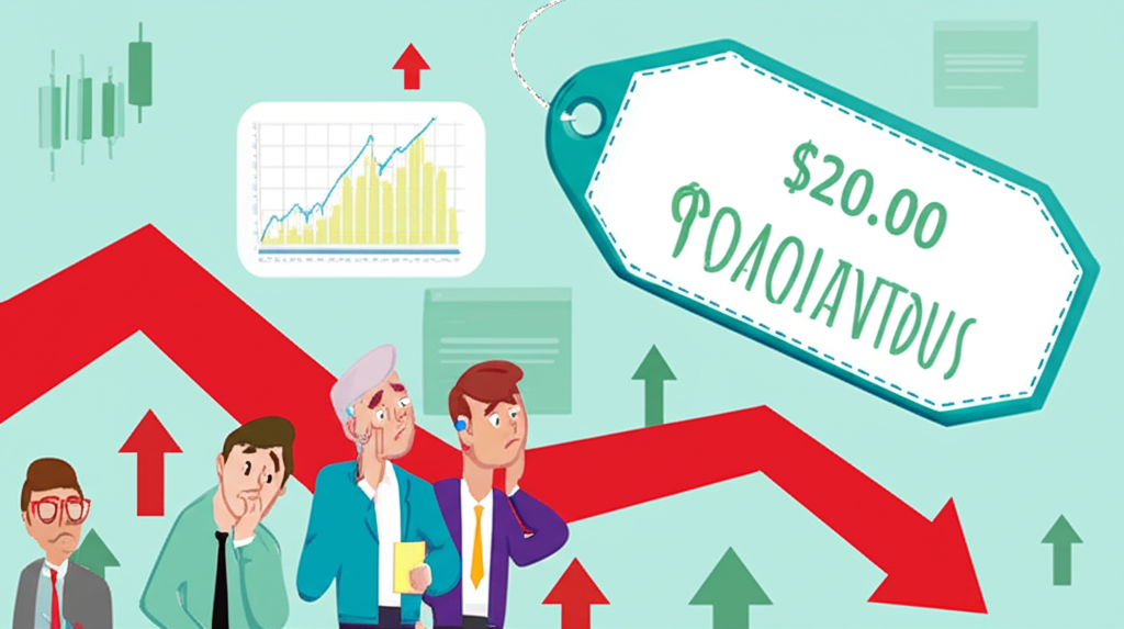 An illustration of a stock market with a downward arrow despite positive news a large price tag indicating high valuation and analysts looking cautiously at a company financial forecast