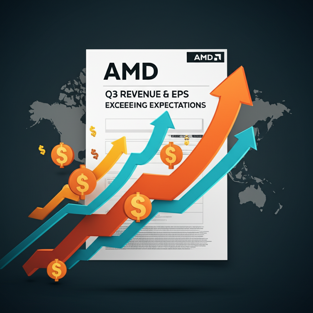 AMD第三季強勁財報插圖,向上箭頭與美元符號象徵營收及每股盈餘超出預期,在全球市場中展現成長