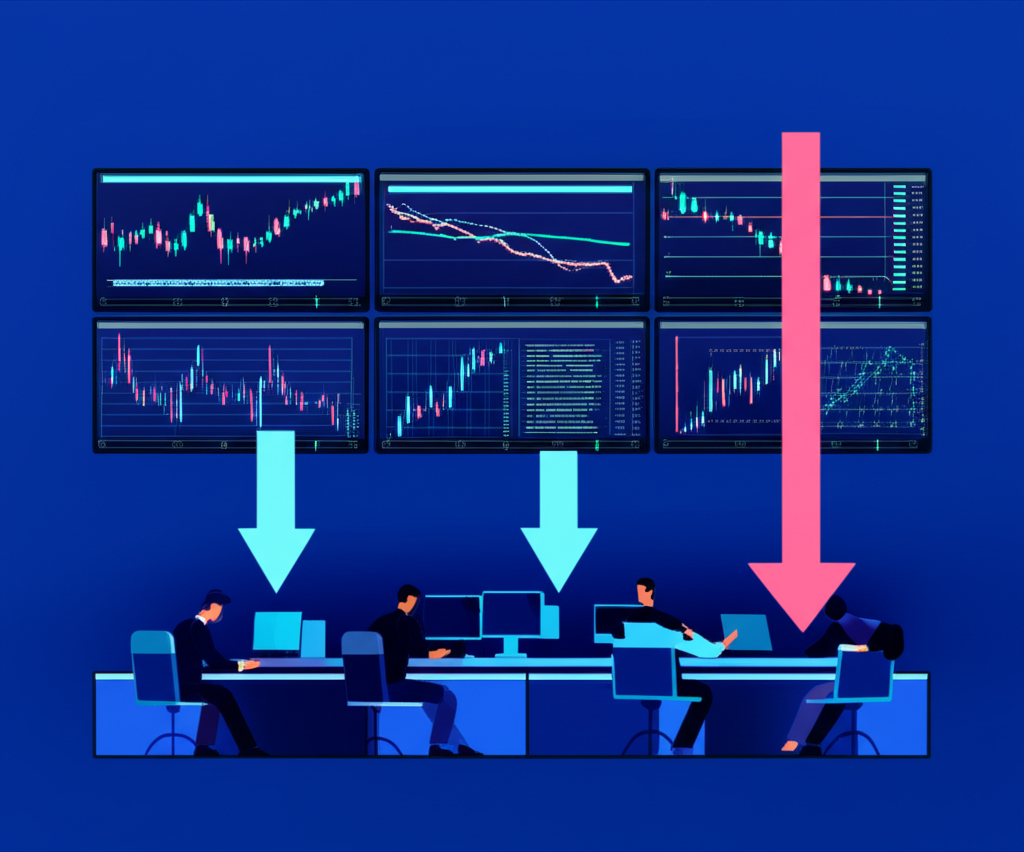 股價圖表顯示10.48%波動的上漲與下跌箭頭，期權交易者監控數據螢幕，金融市場場景插圖