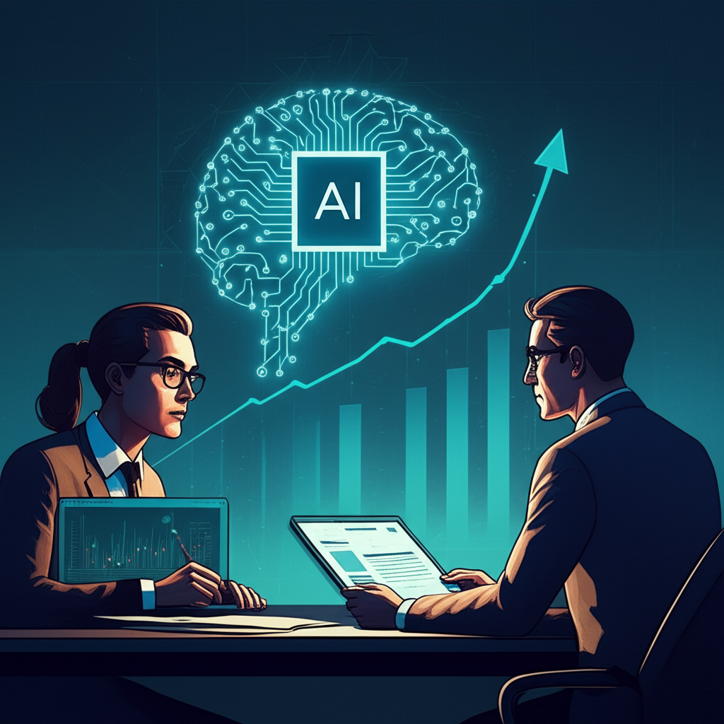 Palantir作為AI寵兒的插圖，數據巨頭伴隨上升股價圖表與發光AI大腦，投資人注視財報文件，未來科技場景