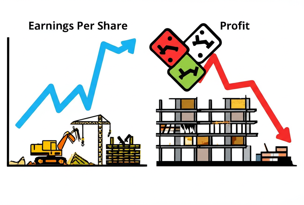 每股收益上升圖表旁邊的利潤下降圖，伴隨著疲軟建築工地和貿易關稅符號