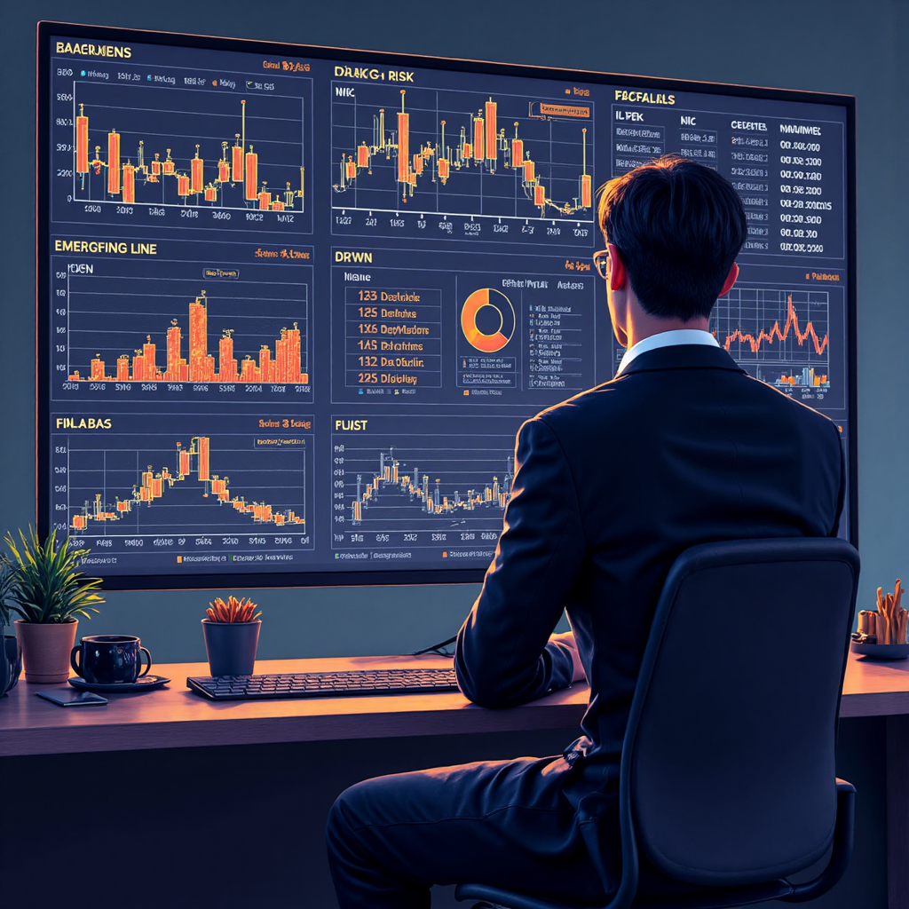A financial analyst figure examining glowing futuristic charts overlaid with cobalt nickel and manganese symbols representing commodity price risks and emerging revenue potential in a sharp professional aesthetic