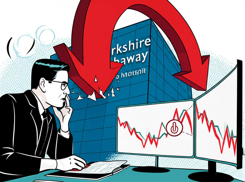 巨型紅色向下箭頭擊中標有柏克夏海瑟威的建築，金融分析師憂心忡忡，股票圖表顯示下跌，象徵罕見賣出信號