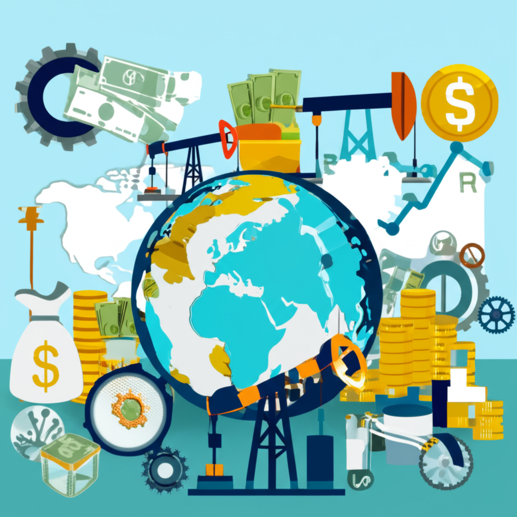 全球經濟投資機會插圖,展示貨幣、科技齒輪與石油鑽井平台,象徵複雜市場中的成長潛力與穩定性
