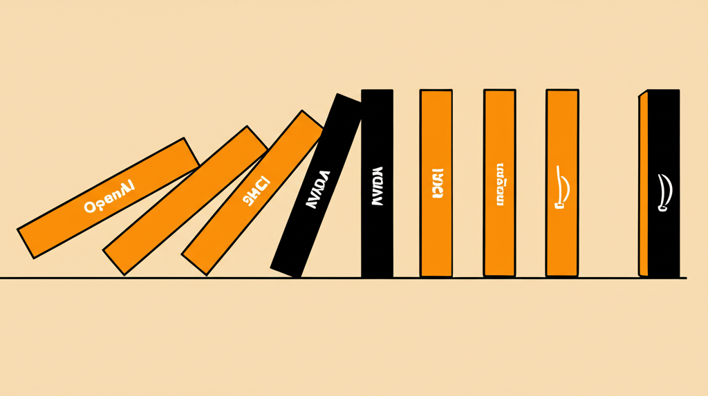 OpenAI 支出計畫風險的插圖,顯示骨牌效應影響 NVIDIA SMCI Google 和 Amazon 等晶片與雲端供應商