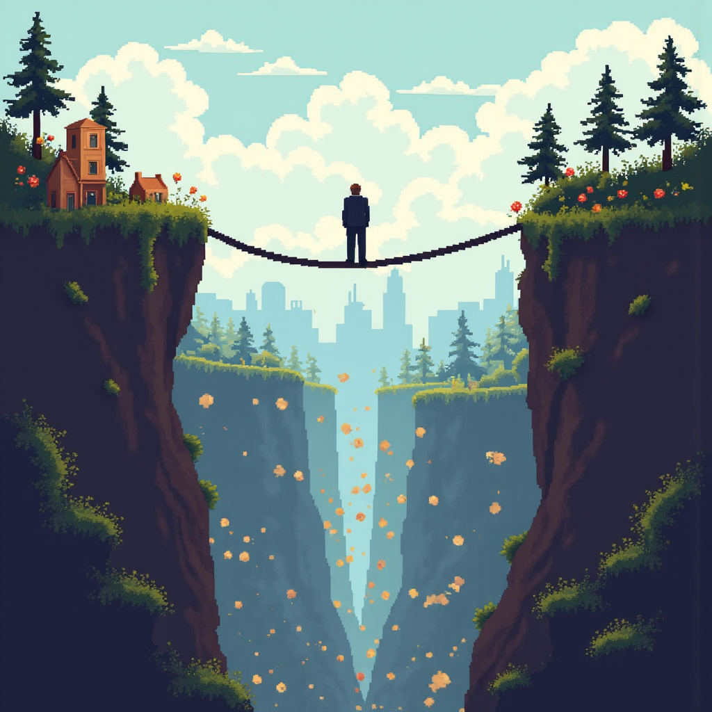 illustration of a tightrope walker balancing precariously above a chasm filled with currency symbols representing leverage and the dual nature of potential profit and loss