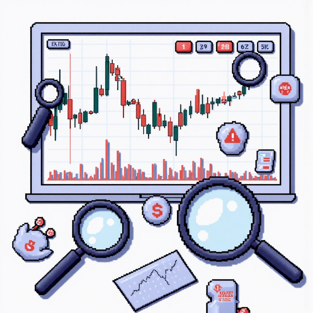 An artistic illustration of a stock market graph showing various types of gaps with magnifying glasses and analytical tools scattered around suggesting detailed research and forecasting