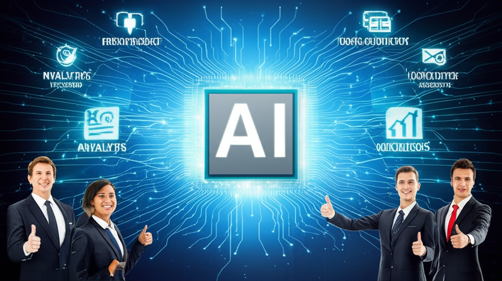 強大的Nvidia GPU晶片居中，散發人工智慧和資料中心符號，周圍西裝分析師審視圖表並豎起大拇指，突顯市場領導力和正面展望