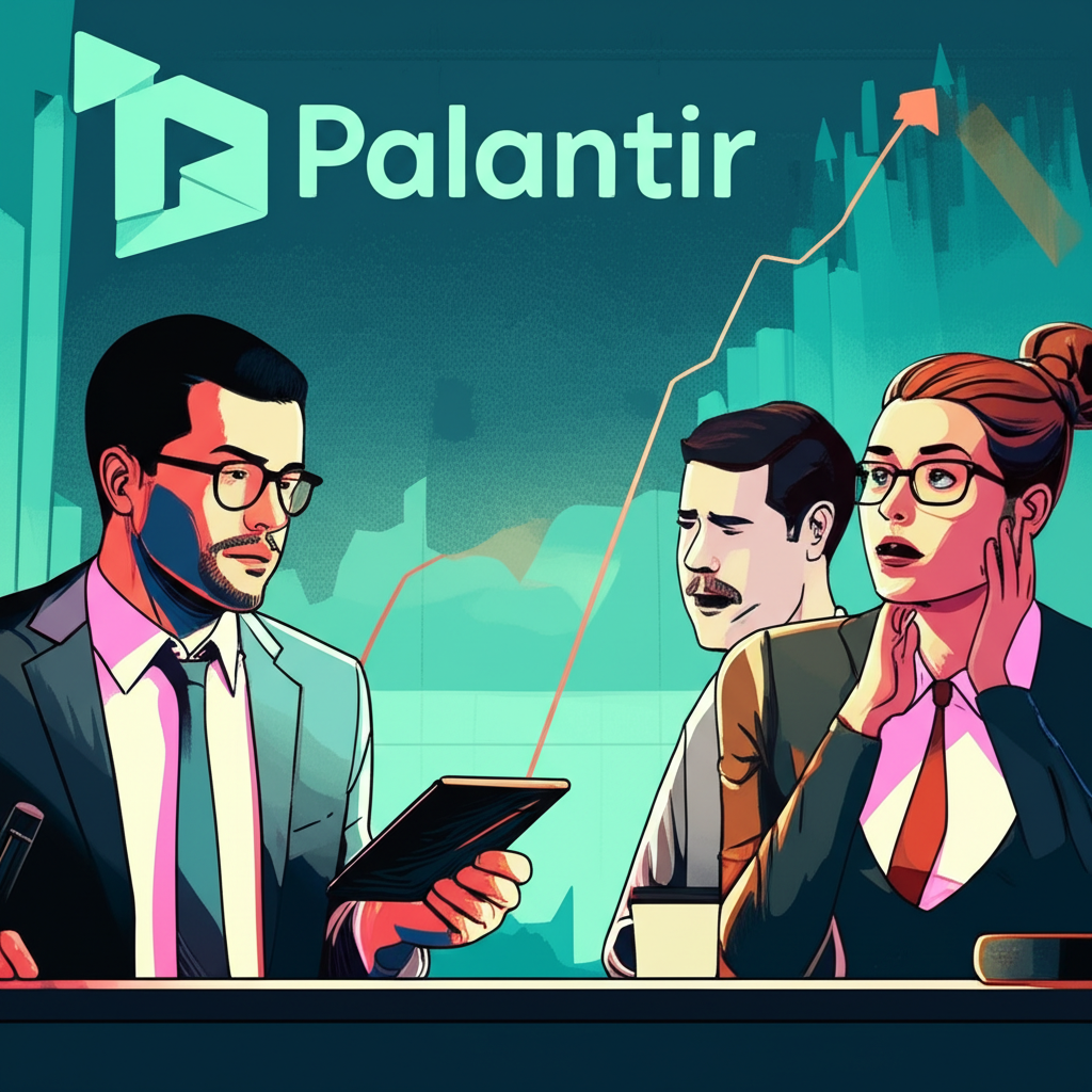 An illustration of a stock chart showing an initial rise then a fall with Palantir logo in the background and worried investors looking at a complex graph