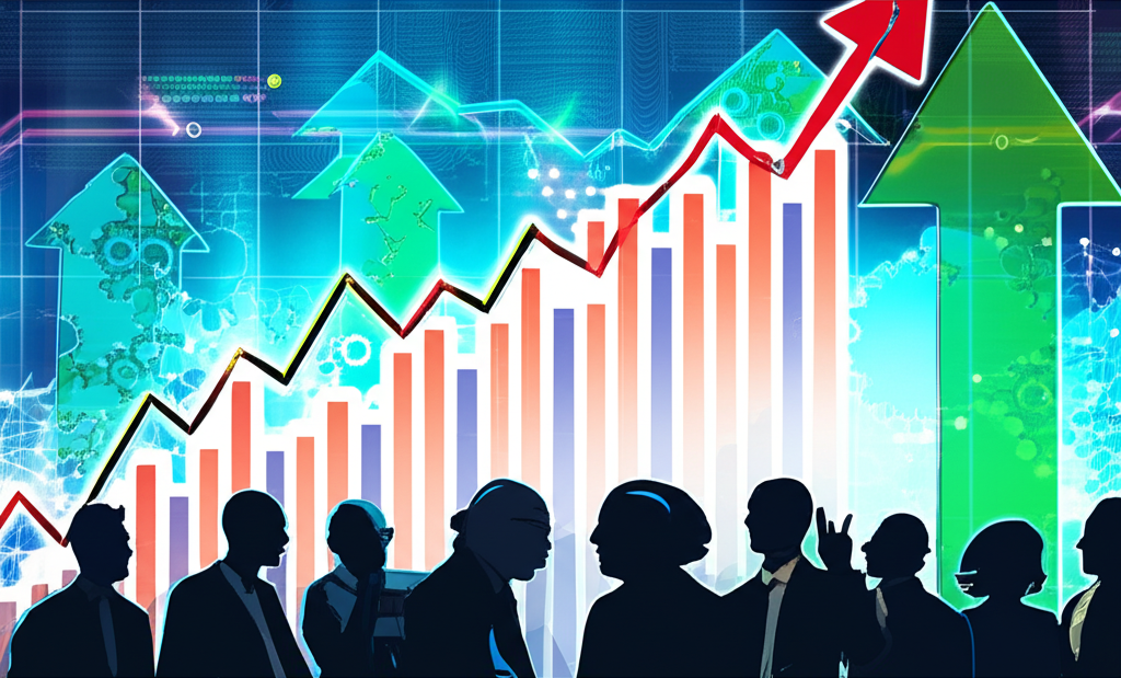An illustration of a diverse group of investors looking at a vibrant stock market chart with arrows pointing up representing growth stocks set against a backdrop of a subtly shifting global economy with gears and digital elements