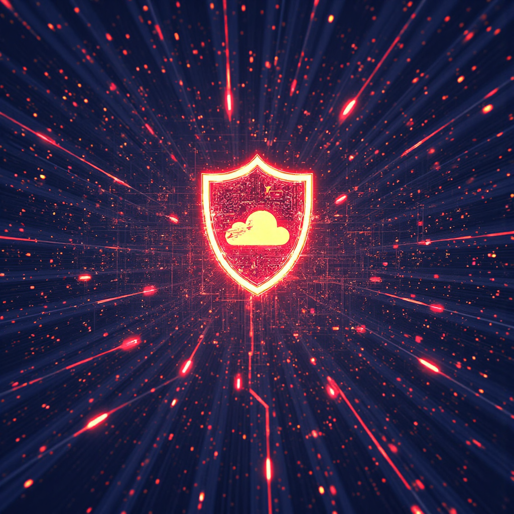 數位盾牌阻擋惡意軟體和 DDoS 攻擊，環繞發光網路球體，代表 Cloudflare 的強大網路安全服務