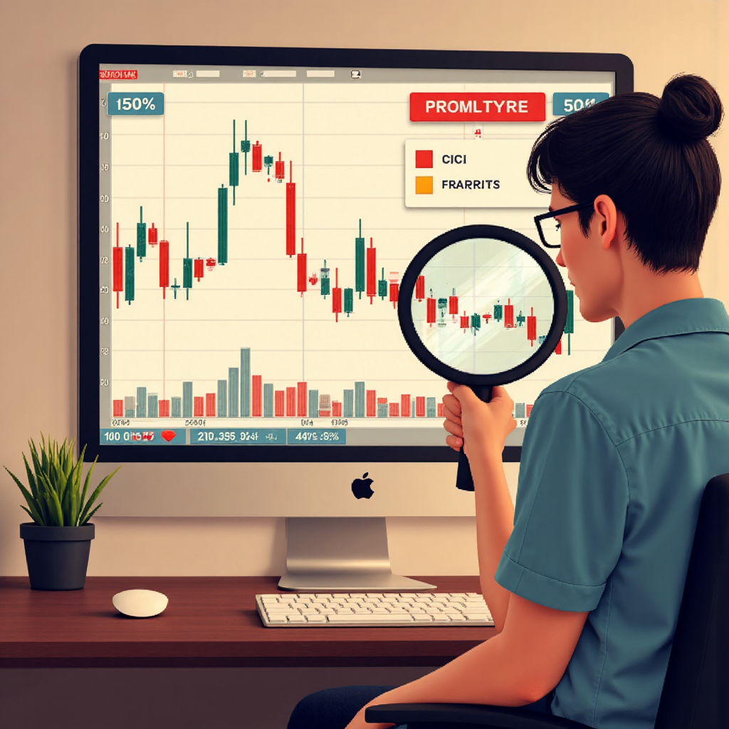 A visual representation of a market analyst using a magnifying glass to closely examine a financial chart showing the CCI indicator's oscillation between overbought and oversold zones with a warm, inviting color scheme and clear data visualization elements