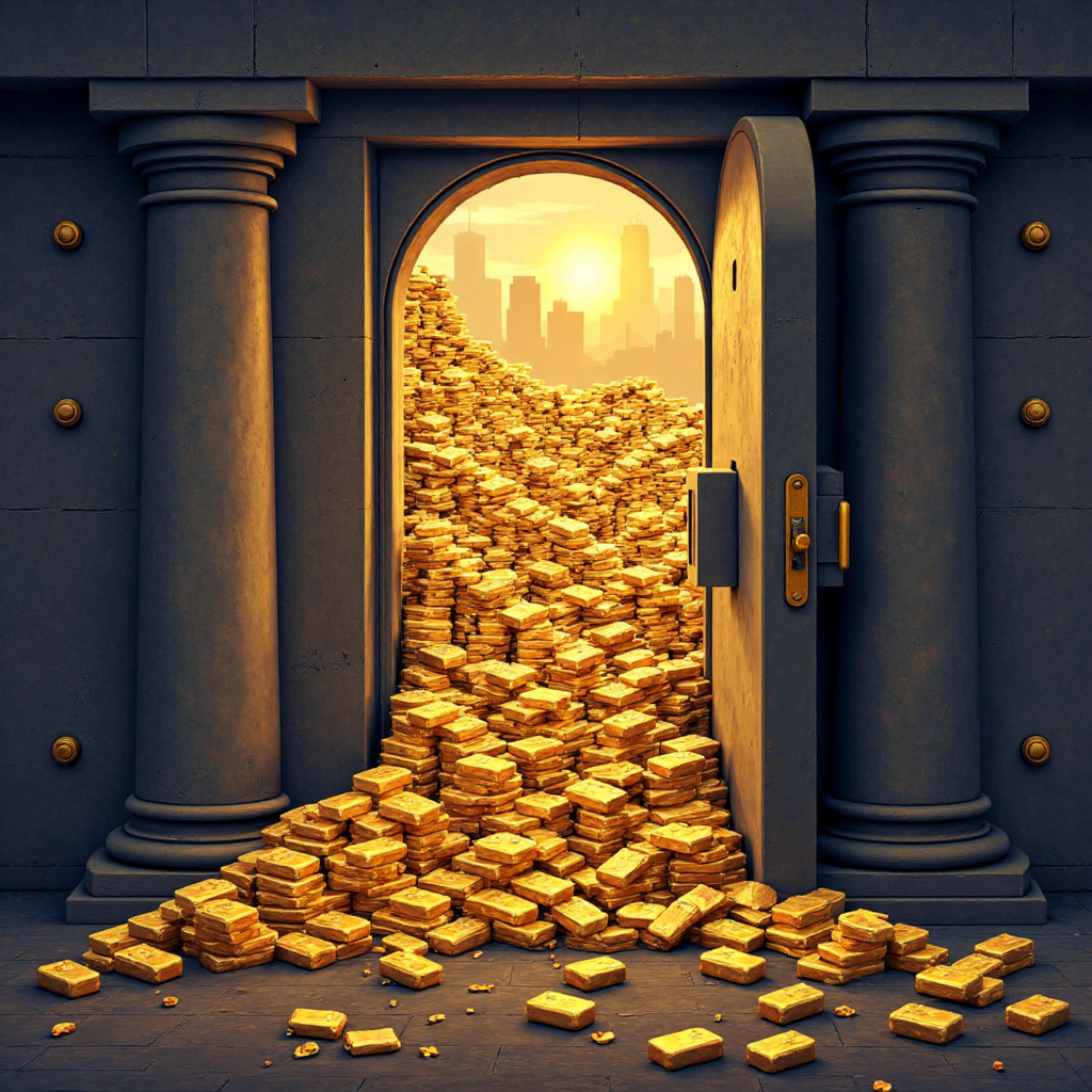 a stylized illustration of a central bank vault overflowing with gleaming gold bars a soft golden light emanates from within a modern financial district skyline is subtly visible in the background