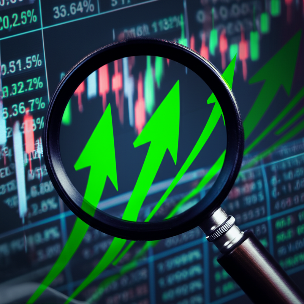 財報季投資機會的股票圖表插圖,顯示上漲箭頭與放大鏡聚焦公司報告