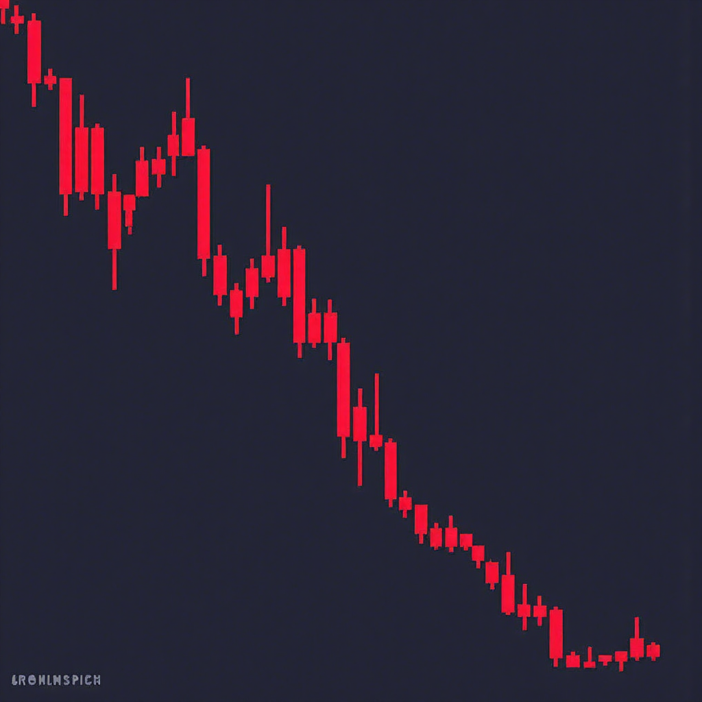 A visual representation of a descending stock price chart featuring a downward gap marked by a subtle red line indicating potential risk and market caution