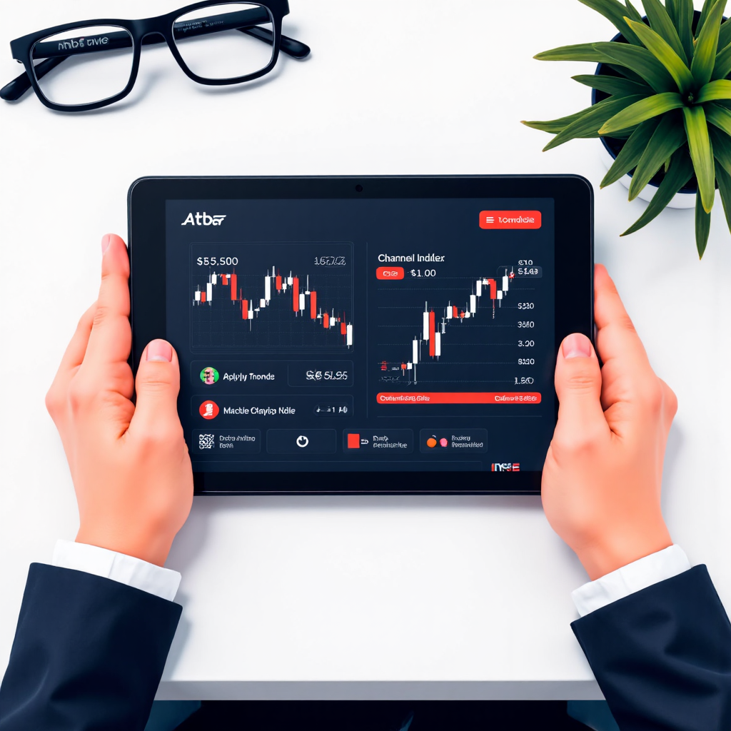 An overhead illustration of a trader's hands interacting with a tablet displaying a stock market interface featuring the Commodity Channel Index indicator alongside other technical analysis tools evoking a sense of strategic decision-making with a clean, modern aesthetic
