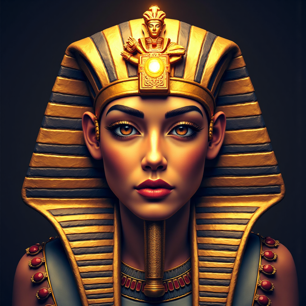 ancient egyptian pharaoh wearing a golden mask with soft glowing light and intricate details in an illustrative style