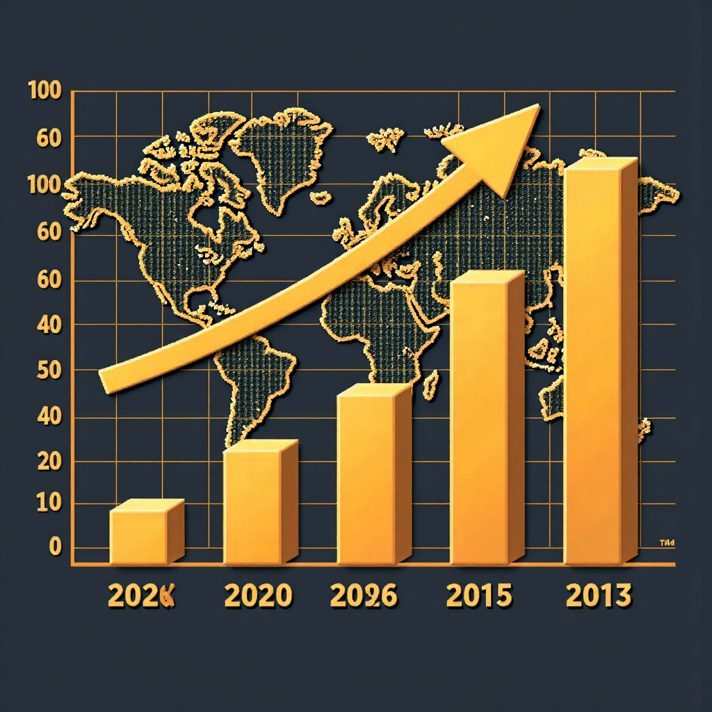 illustration of a golden bar chart showing upward trend with subtle inflation and world map in the background with subtle geopolitical tension lines radiating