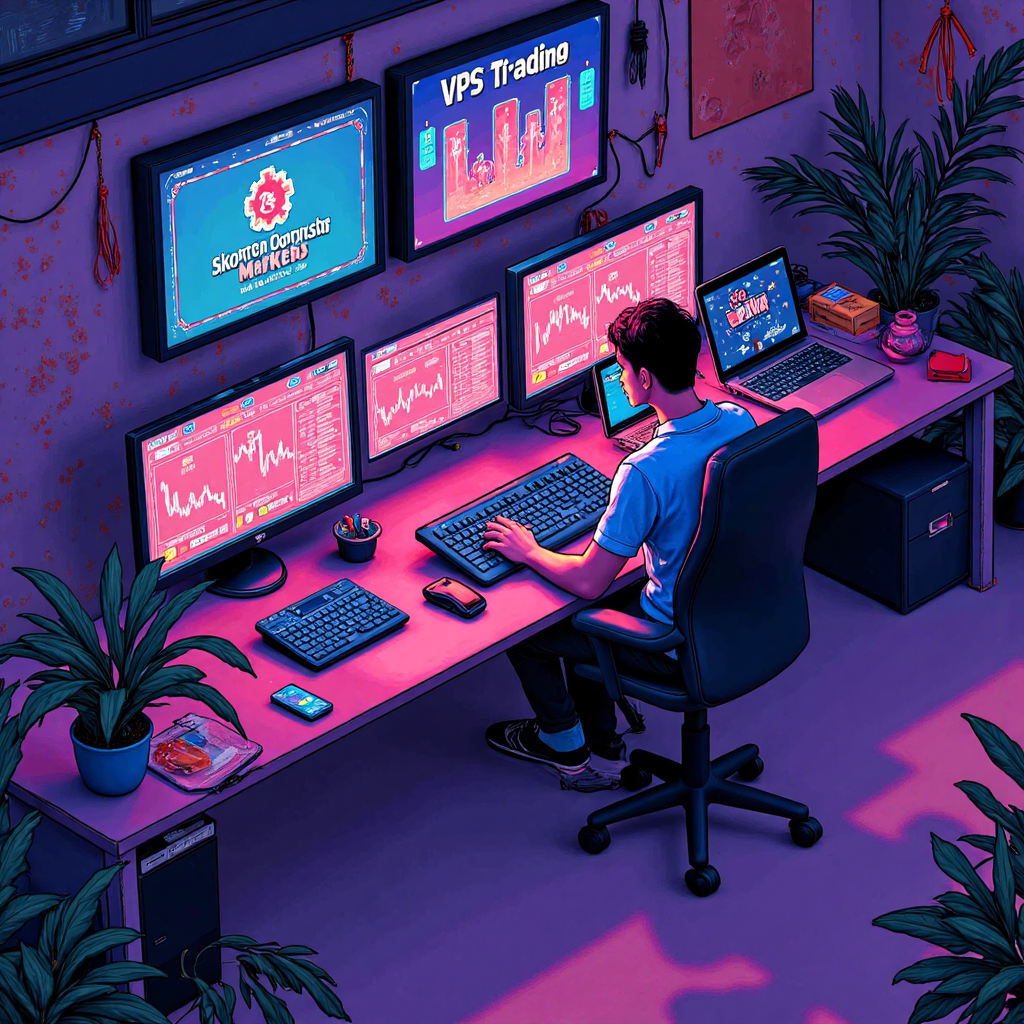 台灣交易者使用Moneta Markets圖表與VPS狀態的俯視像素藝術插圖,展現活力未來風格