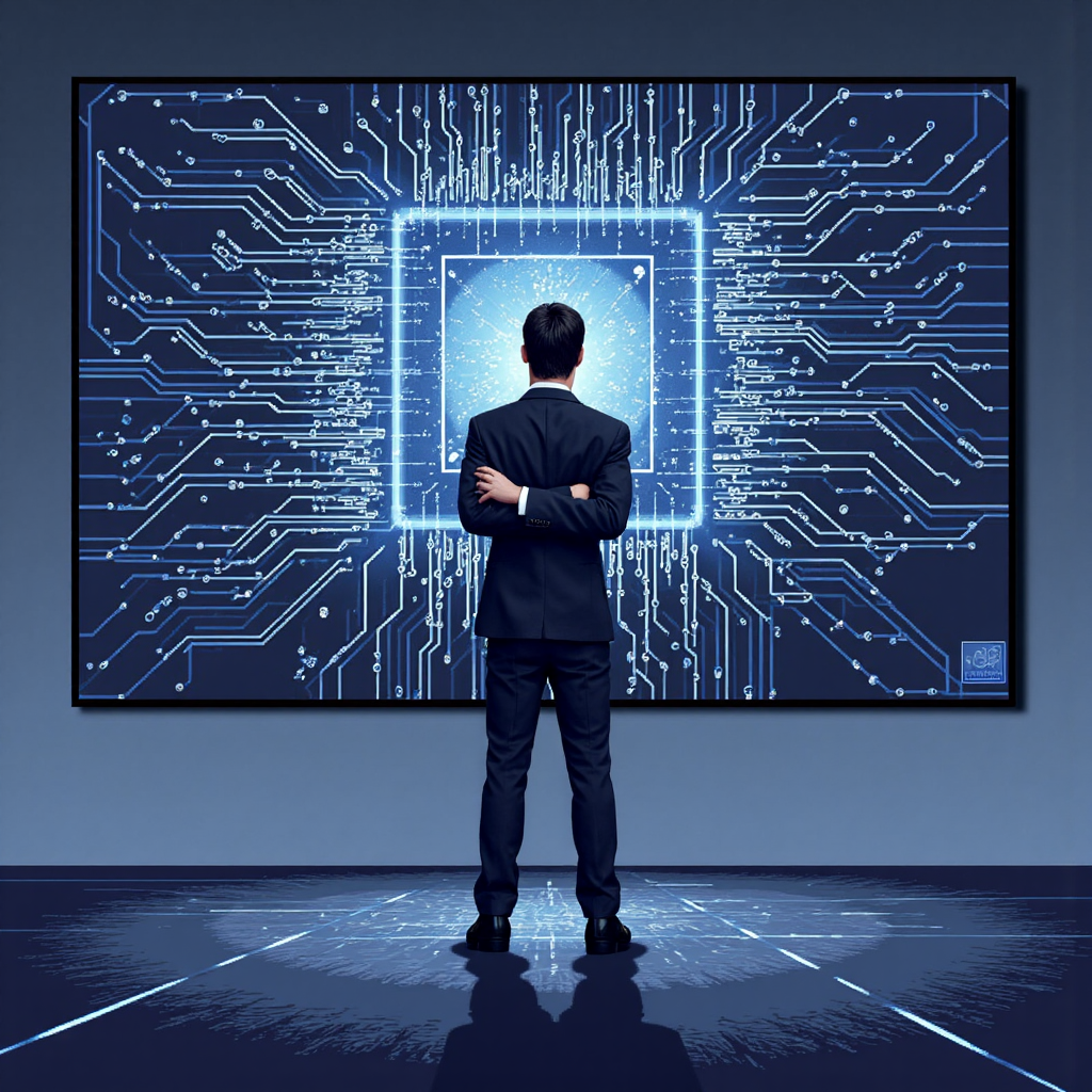 A stylized depiction of a technology executive standing confidently in front of a complex integrated circuit board representing I O connectivity symbolizing market leadership and technical depth soft blue and grey tones