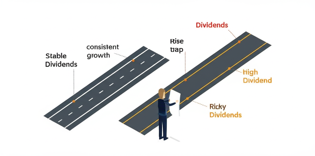 投資者審視兩條路徑的智慧插圖,一邊是穩定股息,另一邊是高股息陷阱,強調可持續與不可持續成長的差異