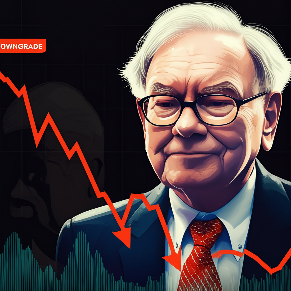 柏克夏海瑟威面對挑戰的插圖，顯示股票圖表降評、華倫·巴菲特剪影與年輕繼任者身影，象徵轉型與不確定性