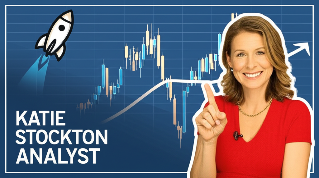 女性財務分析師Katie Stockton指向航太公司上漲趨勢的詳細股票圖表,背景有火箭圖標象徵買進機會