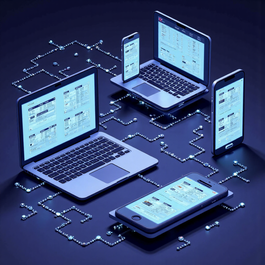 抽象圖像展示財務資訊在筆電與手機間的發光連線,象徵即時資料傳輸與通訊