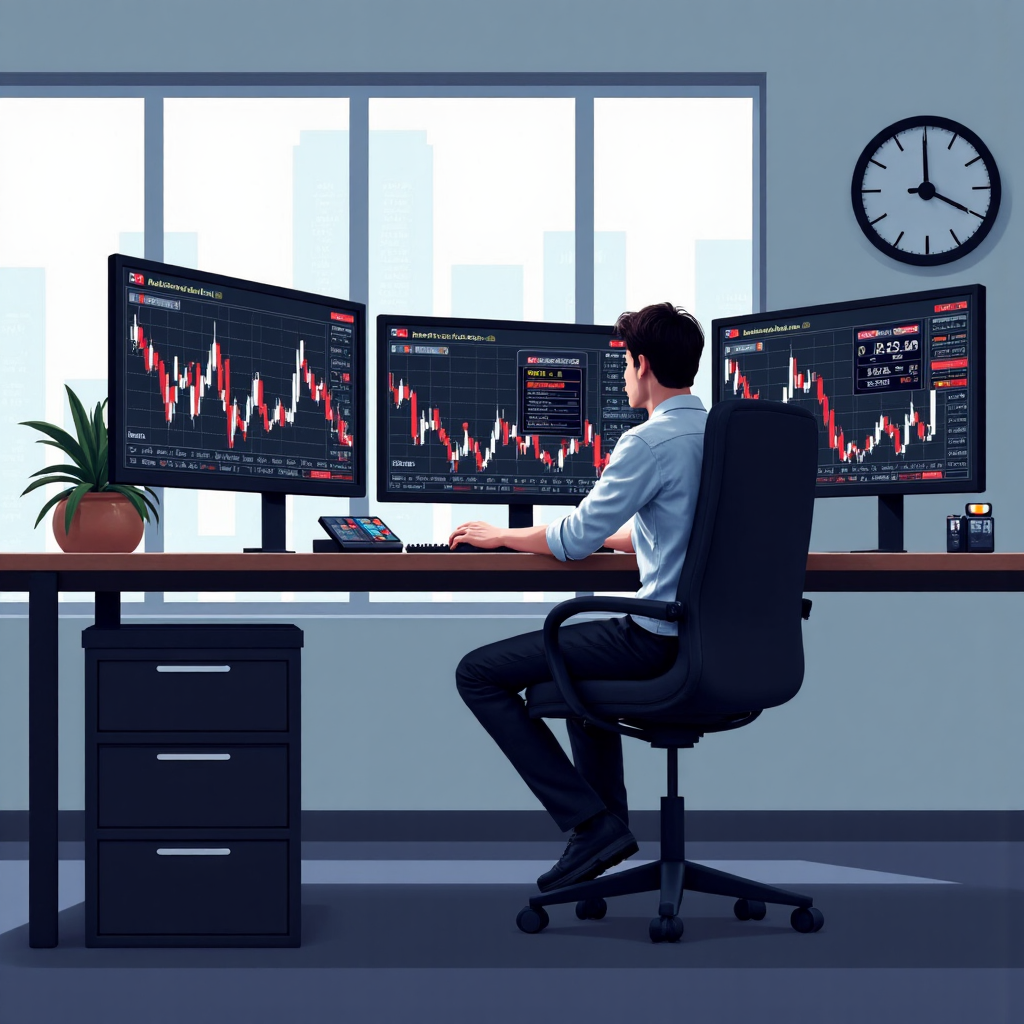 交易員在現代辦公室中監控多個螢幕上的貨幣圖表,彈出通知視窗營造緊迫感