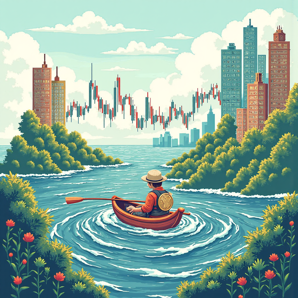 外匯投資風險與機會的像素藝術插圖，描繪貨幣兌換圖表漩渦與知識盾牌守護投資者