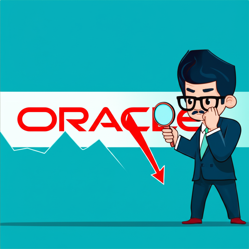 甲骨文標誌旁邊向下趨勢股價圖表,精明投資者持放大鏡檢視,象徵市場波動中雲端服務強勢下的買入機會