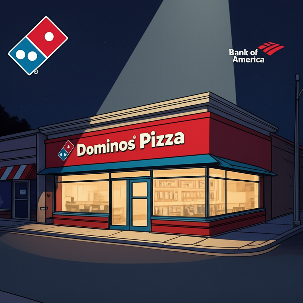 達美樂披薩商店插圖,旁邊有美國銀行標誌,象徵併購潛力