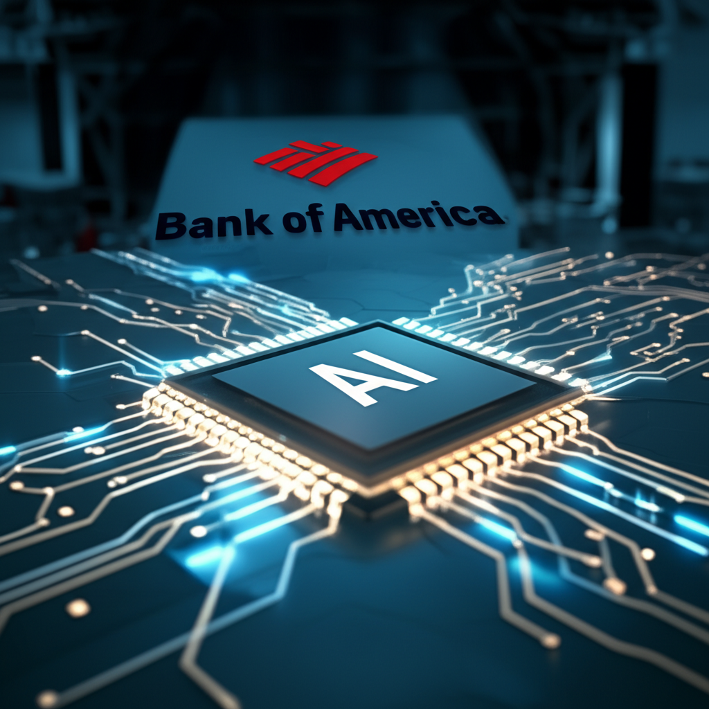 發光的AI電路驅動記憶體晶片工廠，美國銀行標誌在背景顯示樂觀與成長