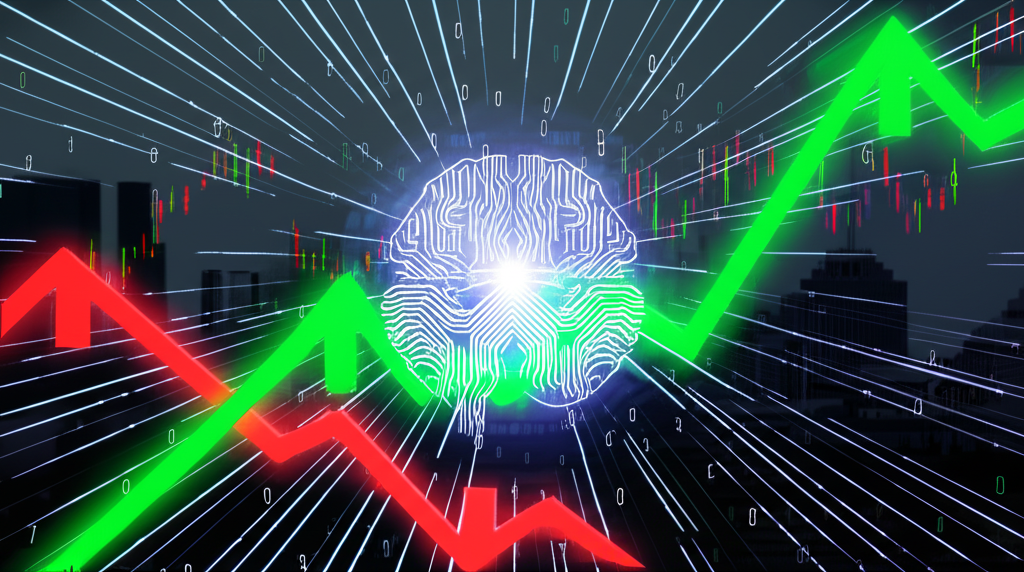An illustration of a dynamic market with fluctuating stock graphs some showing upward trends others downward a glowing AI brain at the center surrounded by digital data streams and a subtle background of a city skyline