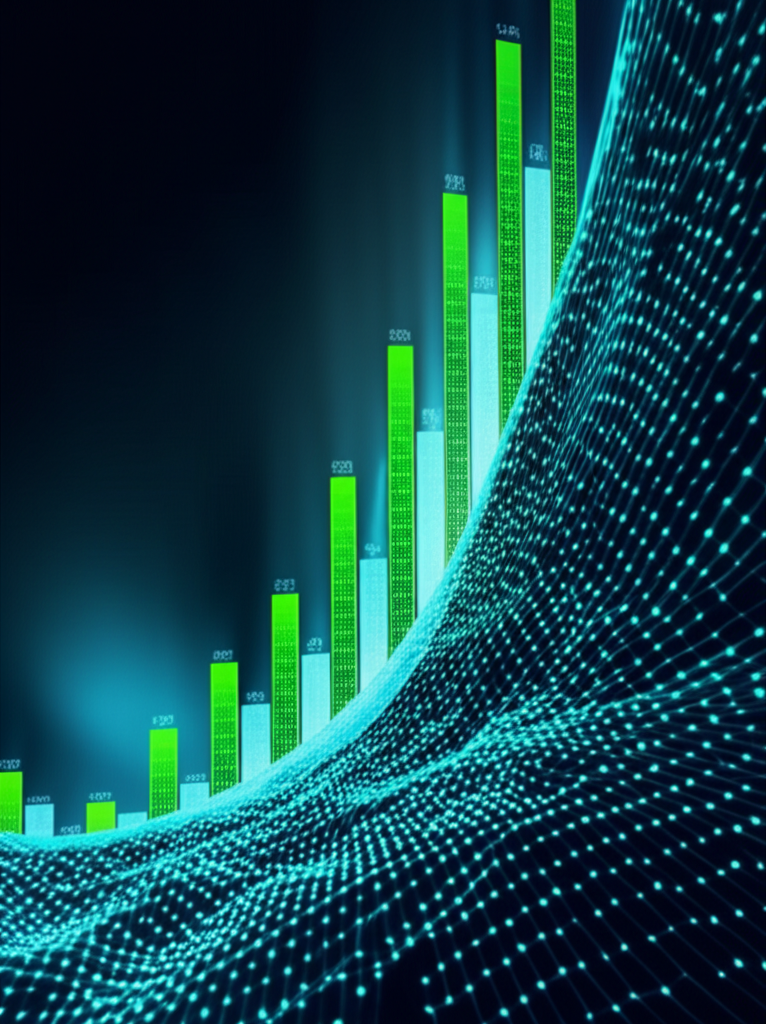 AI 浪潮推動經濟增長與企業價值的插圖,突出爆炸性增長公司的股票圖表