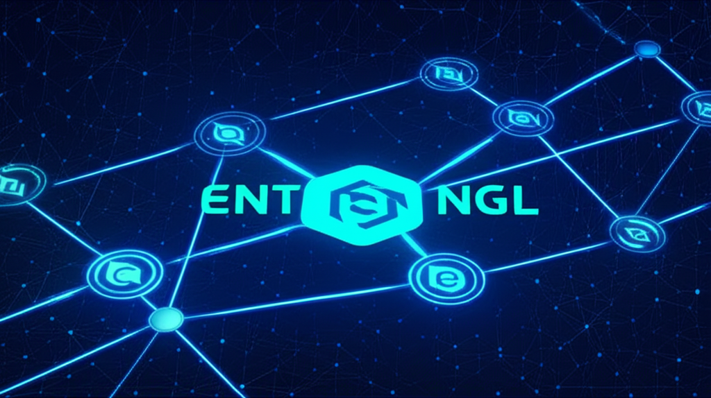 互聯區塊鏈網路圖示,資料如發光線條在節點間順暢流動,突出Entangle NGL標誌