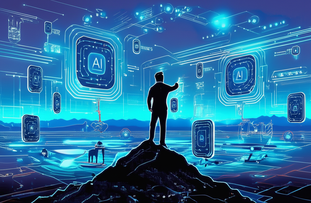 領導者俯瞰AI Llama模型融入VR頭盔與手機的廣闊未來景觀插圖