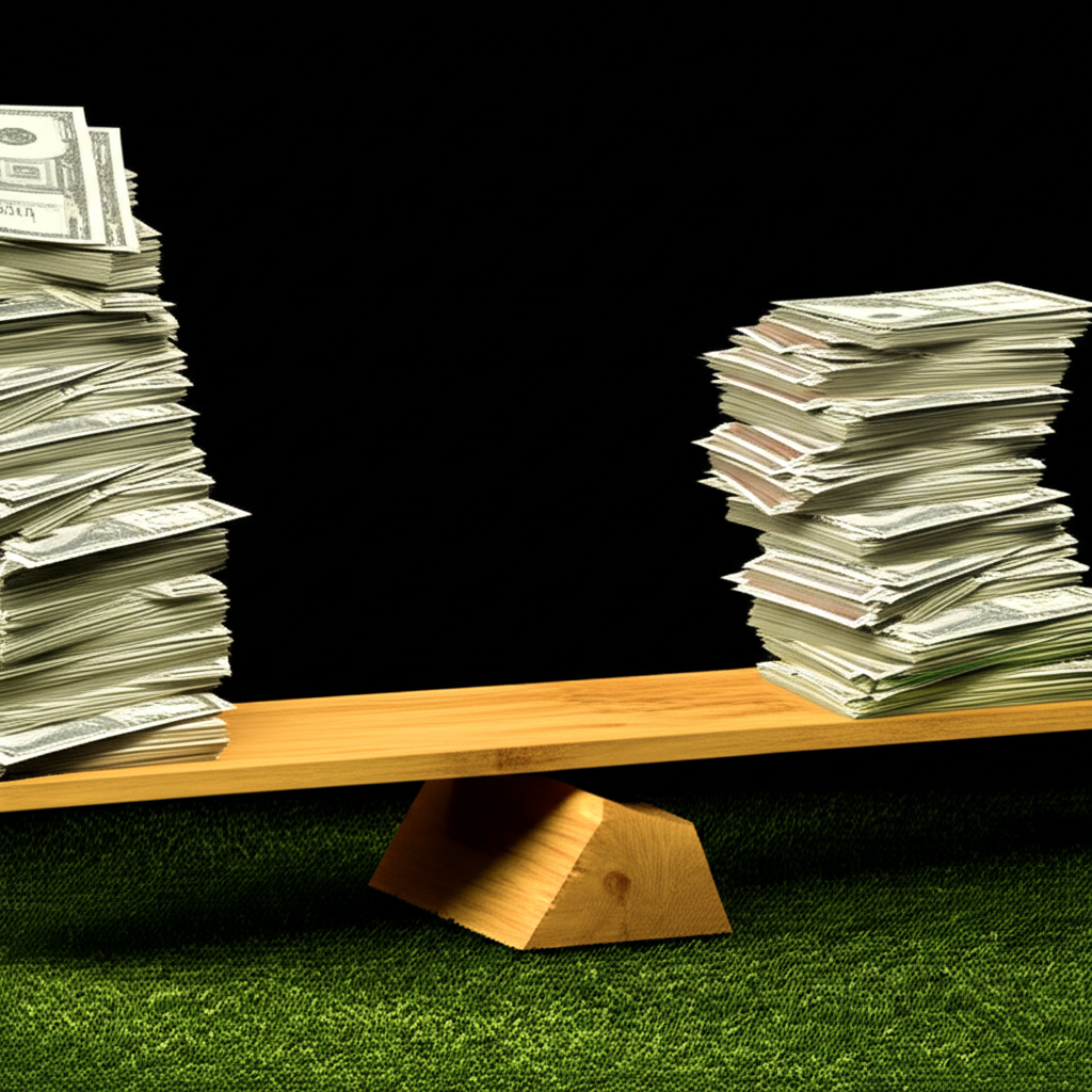 跷跷板圖像,一側股票堆疊下降,另一側債券堆疊上升,象徵市場轉向固定收益與穩定的轉變