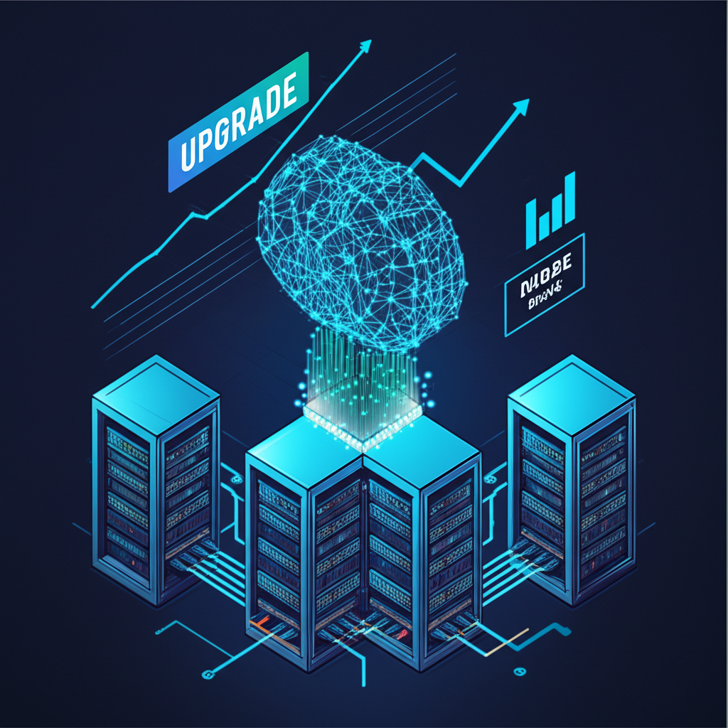 雲端股票獲美國銀行雙重升級的雲端伺服器農場與AI大腦插圖