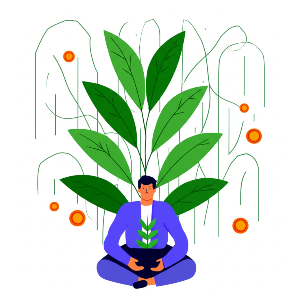 平靜投資者在複雜市場中手持成長植物，象徵股息投資的穩定收入與長期成長