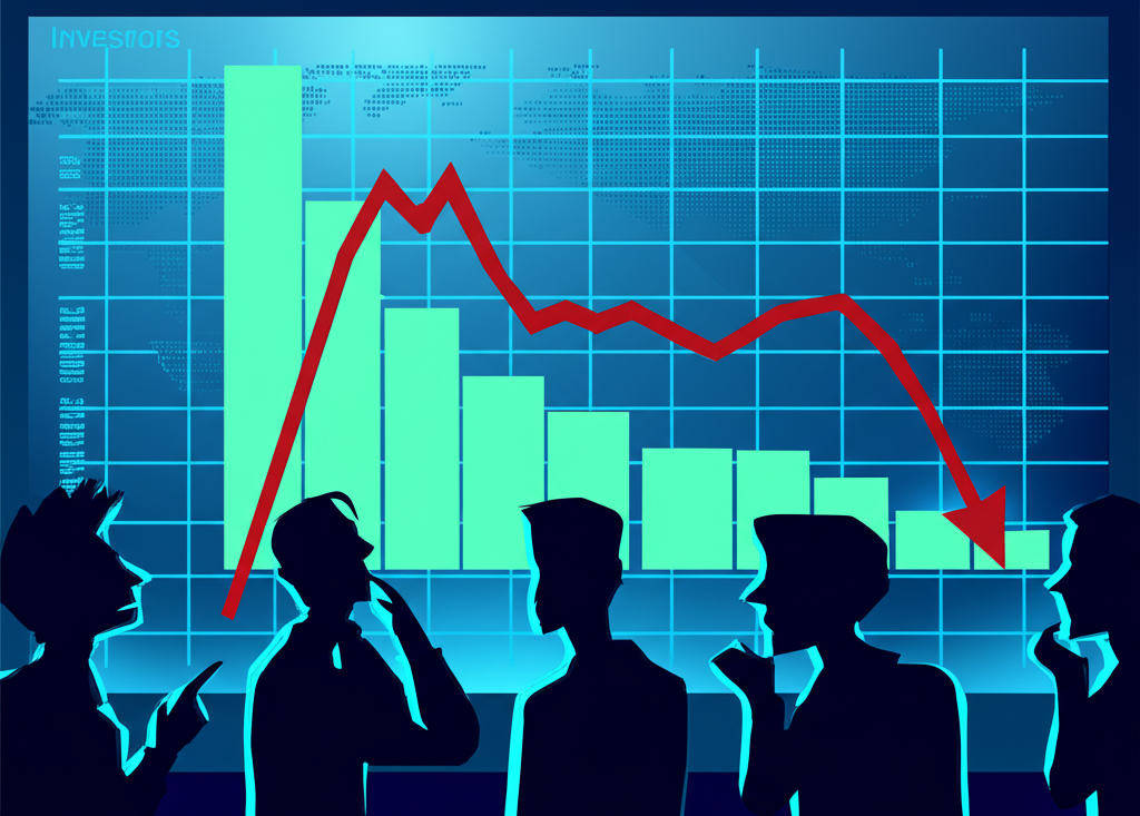 股票圖表顯示業績上漲但股價下跌的矛盾情境,投資者在高科技環境中顯得困惑的插圖