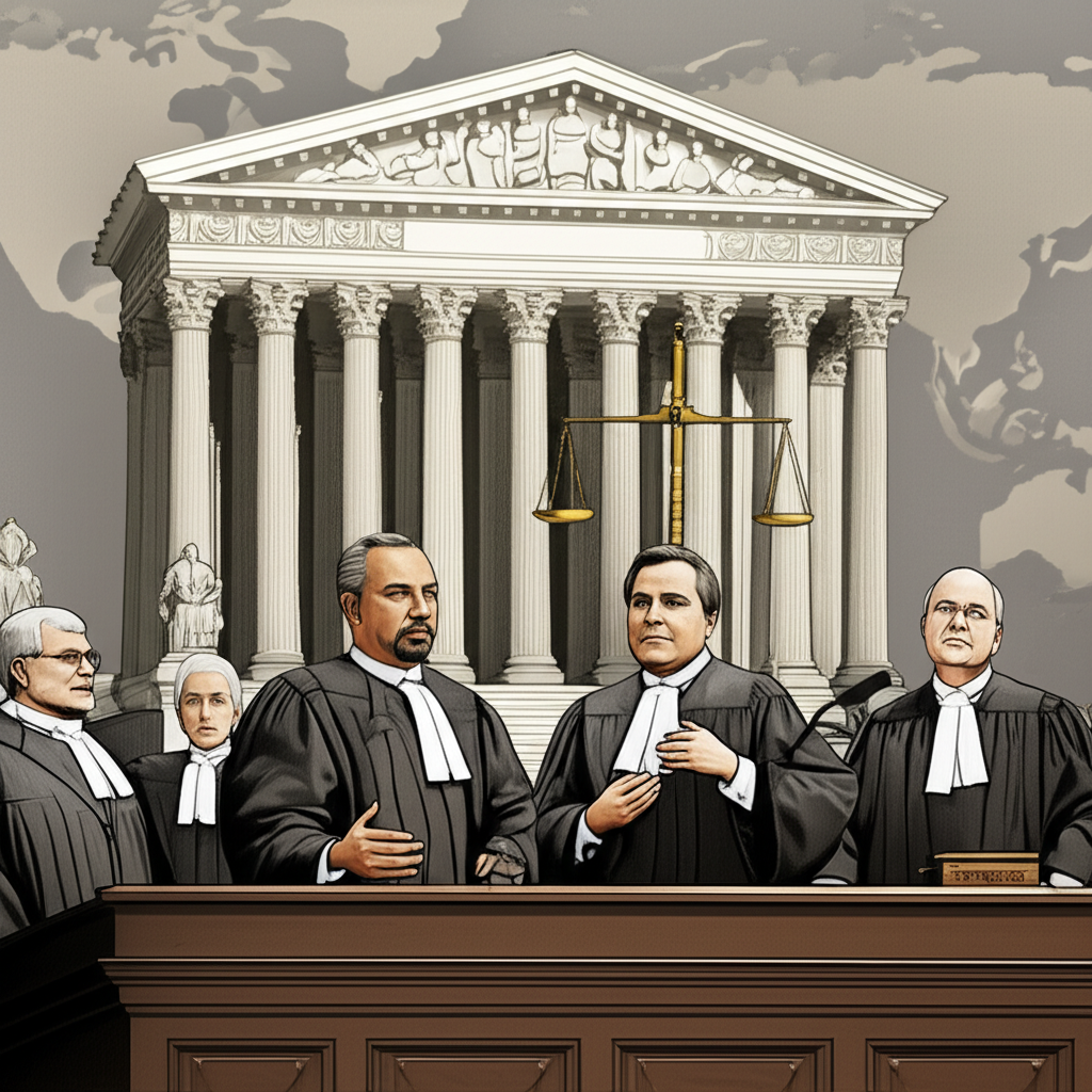US Supreme Court justices debating tariffs with scales of justice and a world map in the background illustration style