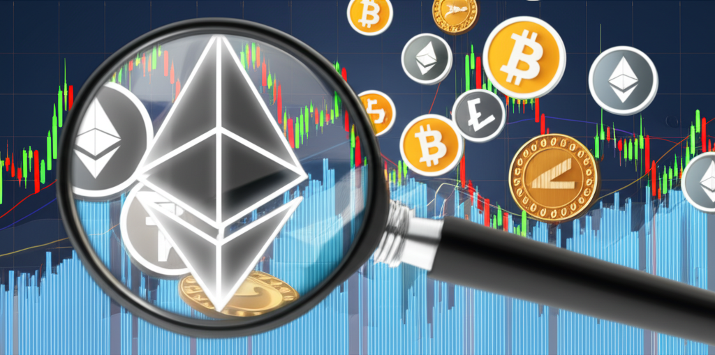 全球金融市場的多元投資機會,包含股票圖表與加密符號環繞的放大鏡,象徵市場分析與潛在收益