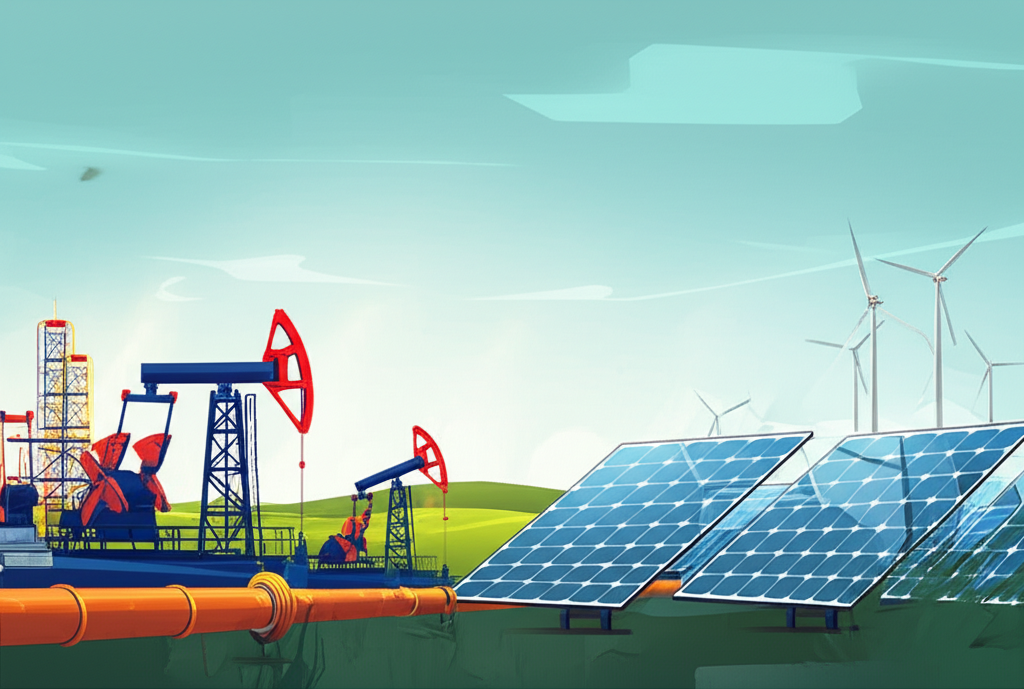 能源產業成長前景插圖,描繪傳統石油天然氣設施與現代風力渦輪及太陽能板,象徵全球能源需求上升與投資機會