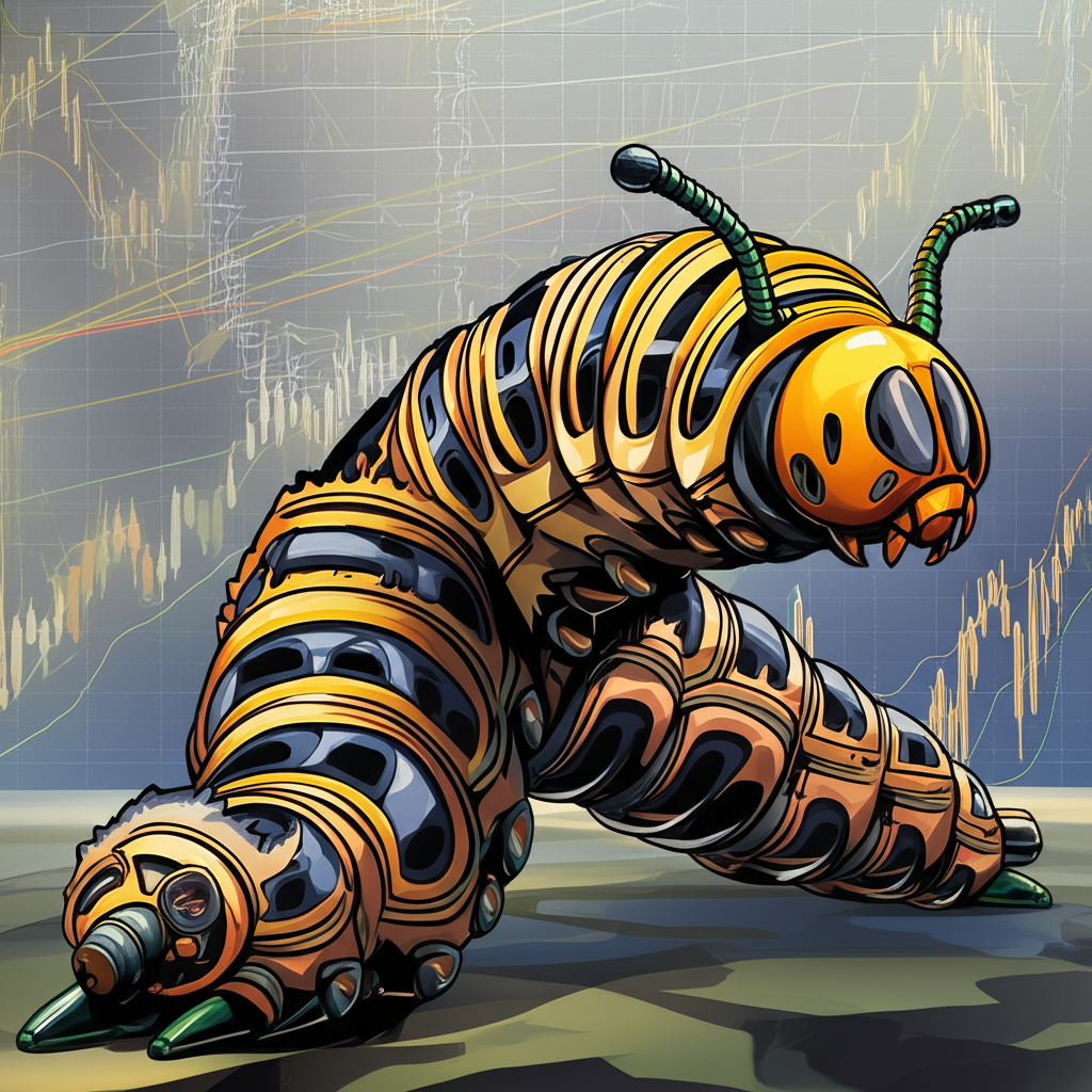 Caterpillar機器在複雜金融景觀中前進，背景有牛熊市場指標和全球股市圖表