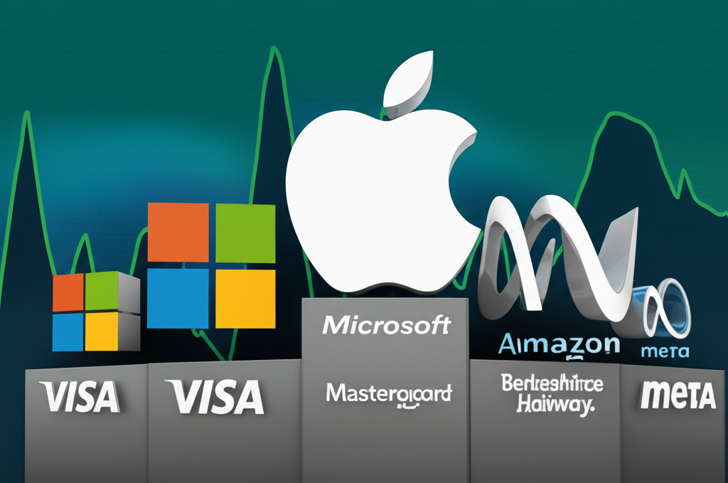 An illustration of iconic corporate logos like Disney Microsoft Apple Visa Mastercard Amazon Alphabet Meta Berkshire Hathaway standing strong and stable on a solid platform amidst a wavy market background
