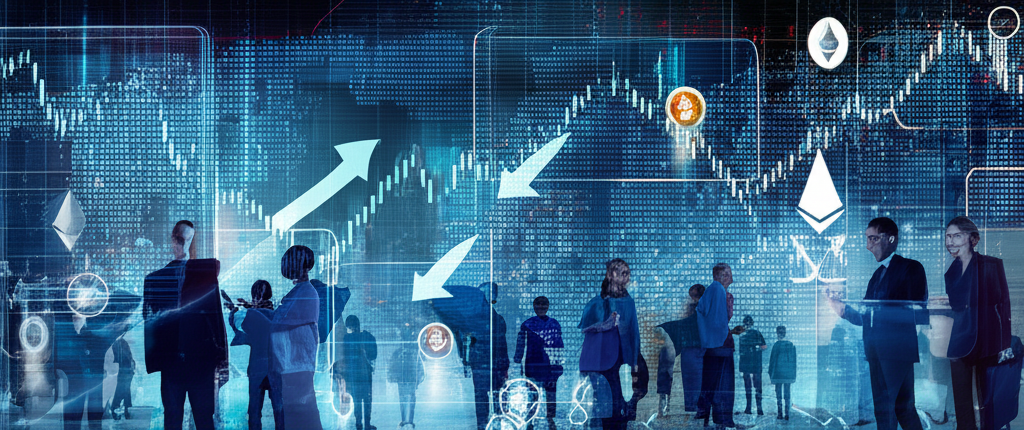 多元全球市場場景插圖,科技股漲跌與去中心化金融符號並存,銷售策略圖表浮現,象徵複雜商業環境中的機會與挑戰